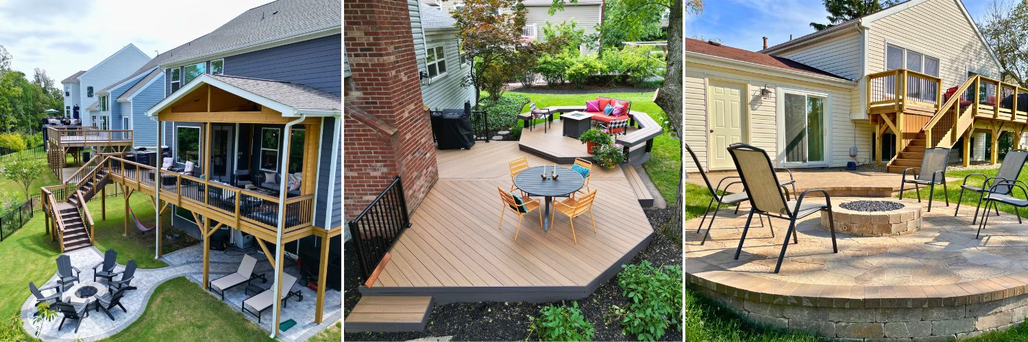 2026 outdoor living trends: A comparison of multi-level deck designs, composite decking with built-in seating, and custom stone patios with fire pits.