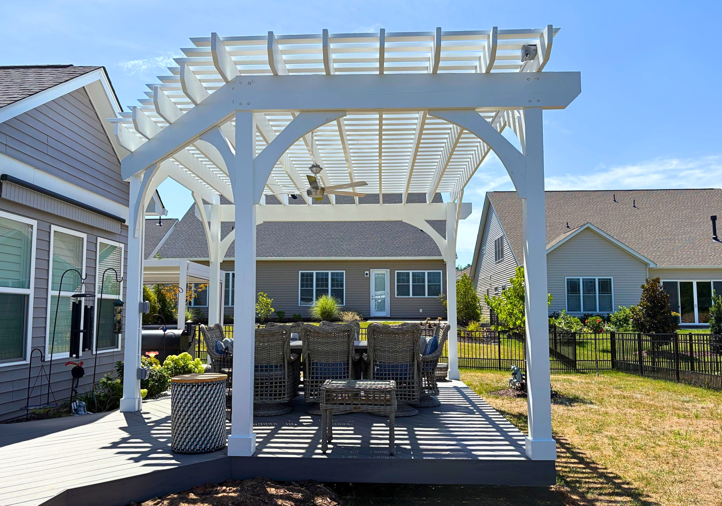 Gorgeous custom wood pergola built by local pergola builders, Archadeck of Charlotte in Cornelius, NC 28031.