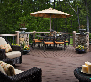 table with umbrella on patio