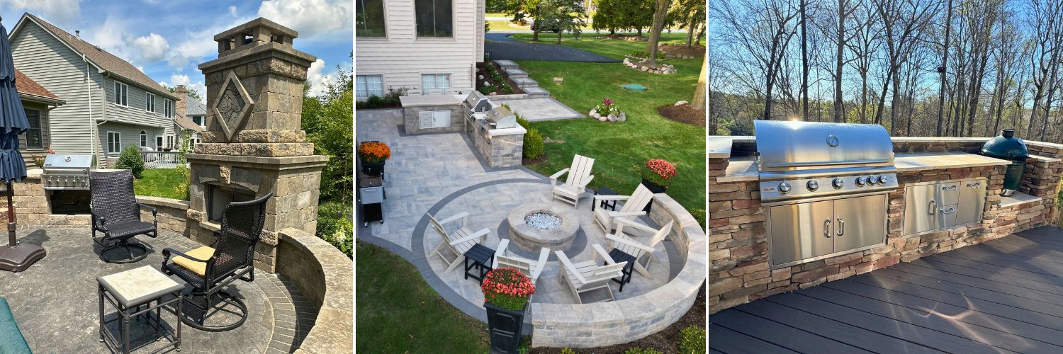 Three images of paver patios featuring custom fireplace, fire pits, seat walls, and outdoor kitchens.