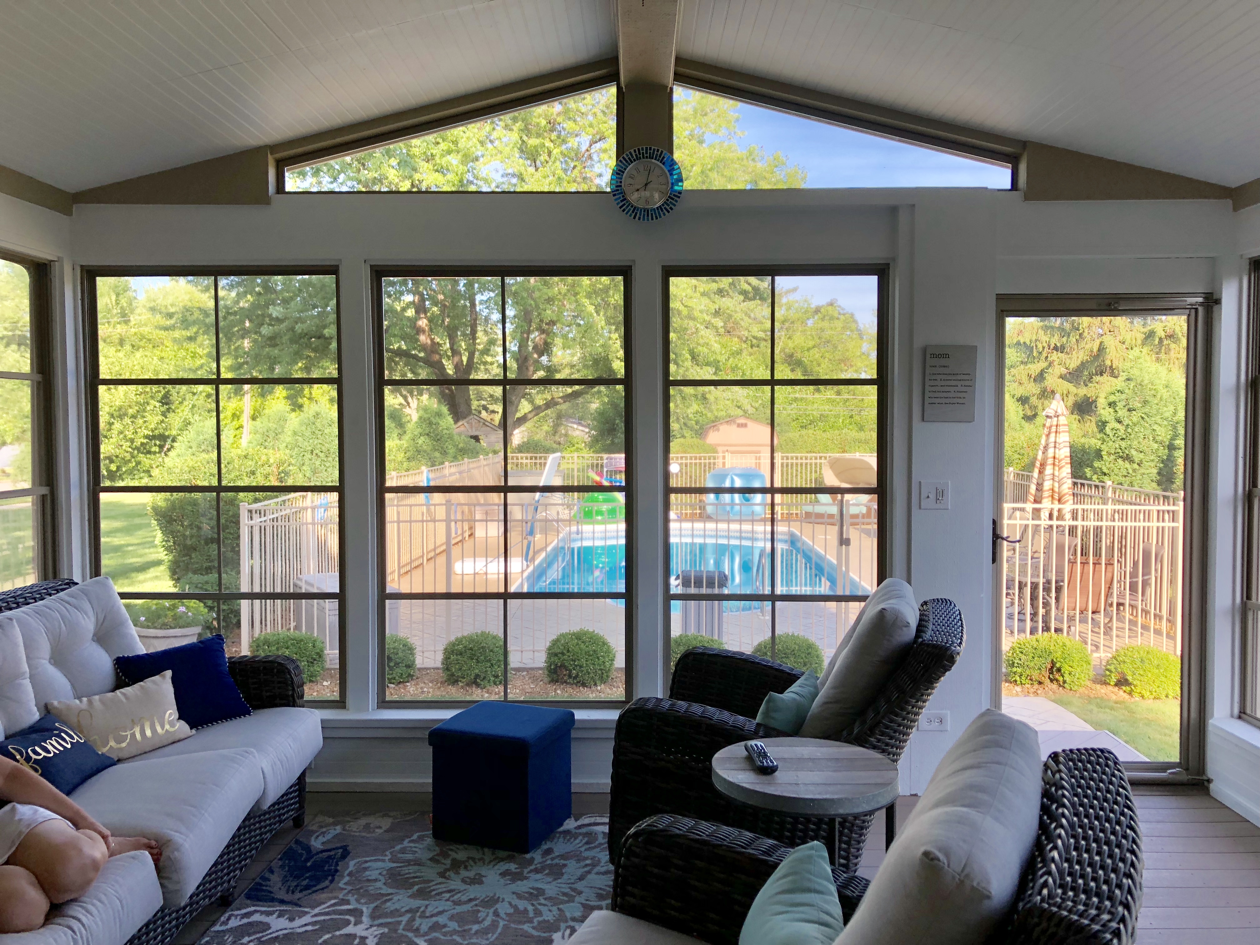 Inside a custom porch overlooking a swimming pool in Palatine,IL.