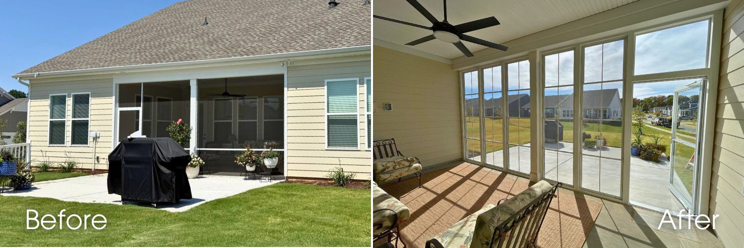 Before and after of a patio enclosure that went from a screened porch to a 3-season room with 4-track windows.