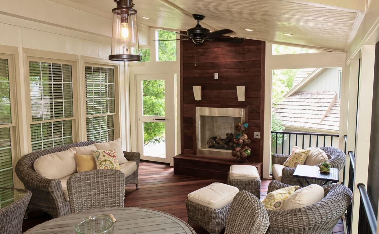 Ipe hardwood porch floor and fireplace facade in Lenexa KS