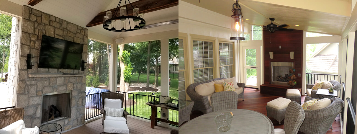 Outdoor fireplaces on two different Archadeck of Kansas City porches