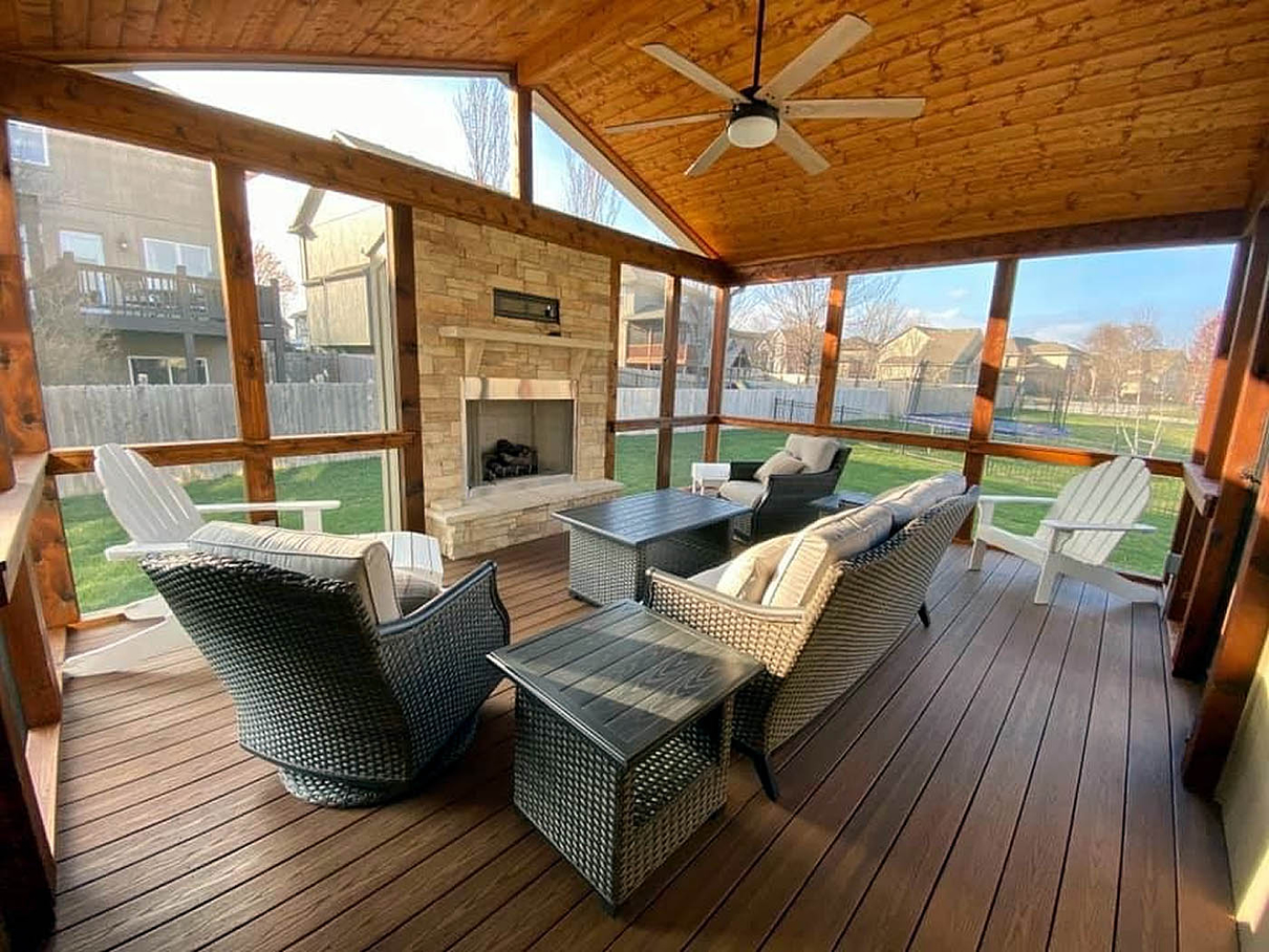Lenexa KS outdoor fireplace on screen porch