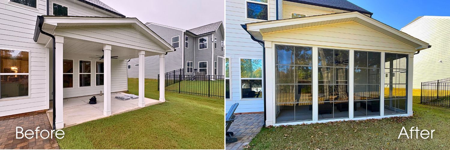 Before and after of a porch enclosure in Huntersville, NC.