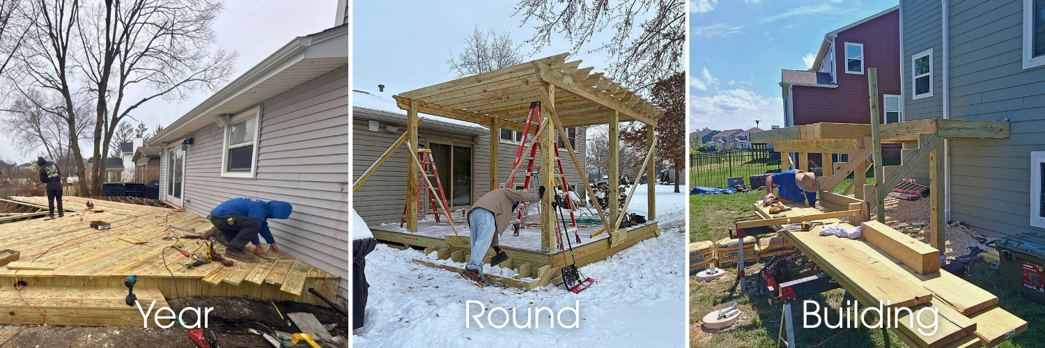 Three images of Archadeck of chicagoland building decks year-round throughout Chicagoland.