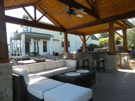 large wood deck with wood roof 