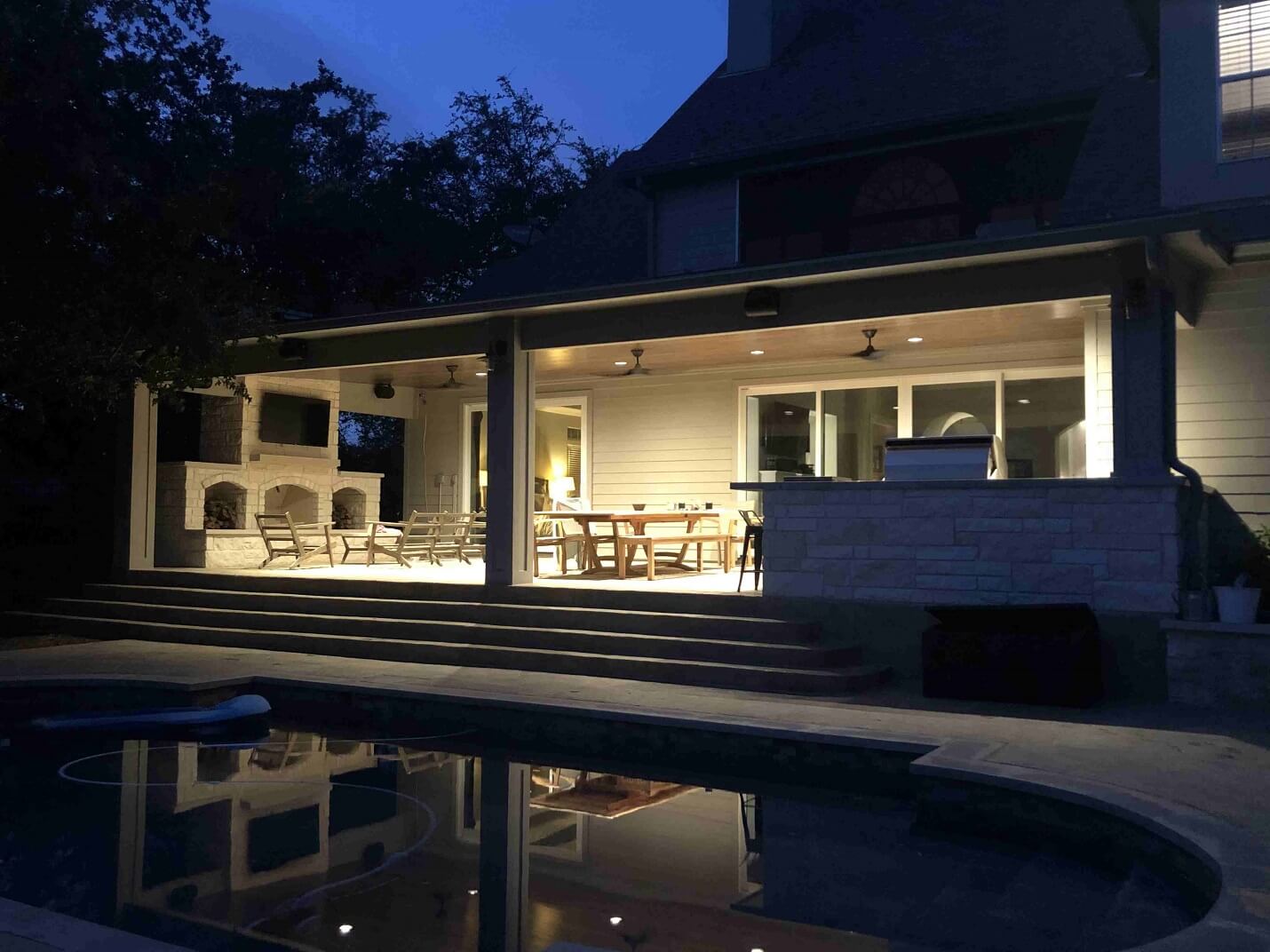 new covered patio at night