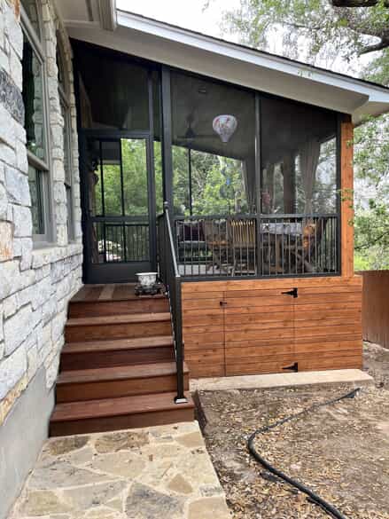 solid board skirting with under porch storage in cedar