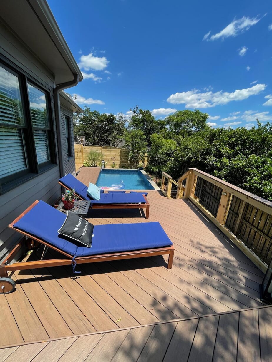 new deck with blue lounge chairs