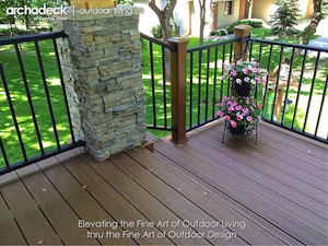 Stone columns on open porch and flower decor