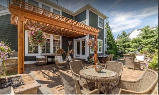 custom patio with wooden pergola