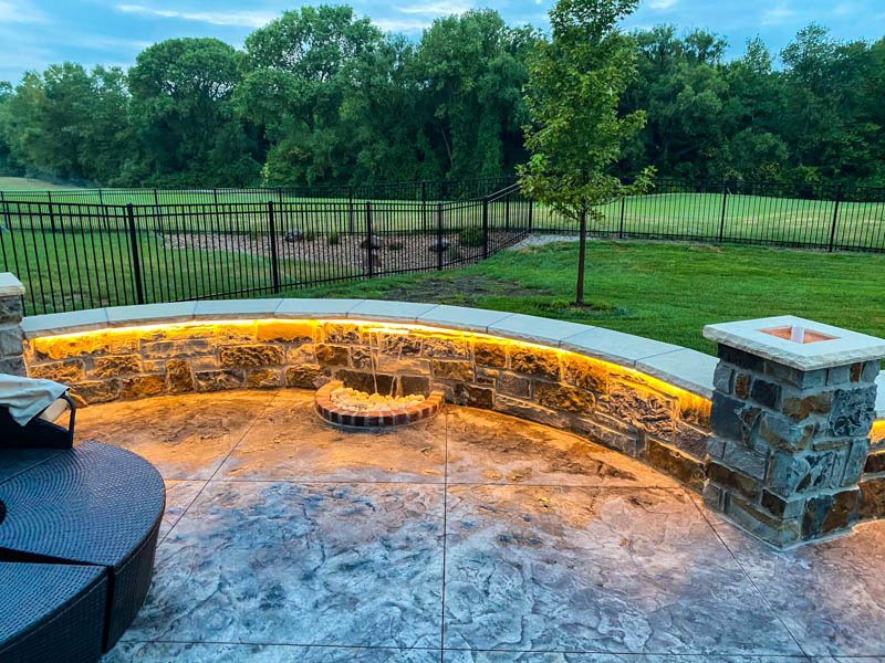 stone patio with lighting