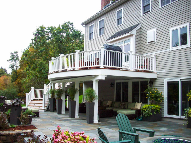 Stone patio with second level deck