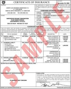 Certificate of Insurance (sample)