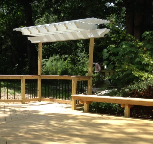 Details of one of two custom aluminum pergolas which grace this wooden deck in West Columbia SC