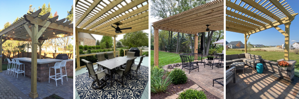 Display of 4 wood pergolas over decks, patios, and outdoor kitchens around charlotte, Nc.