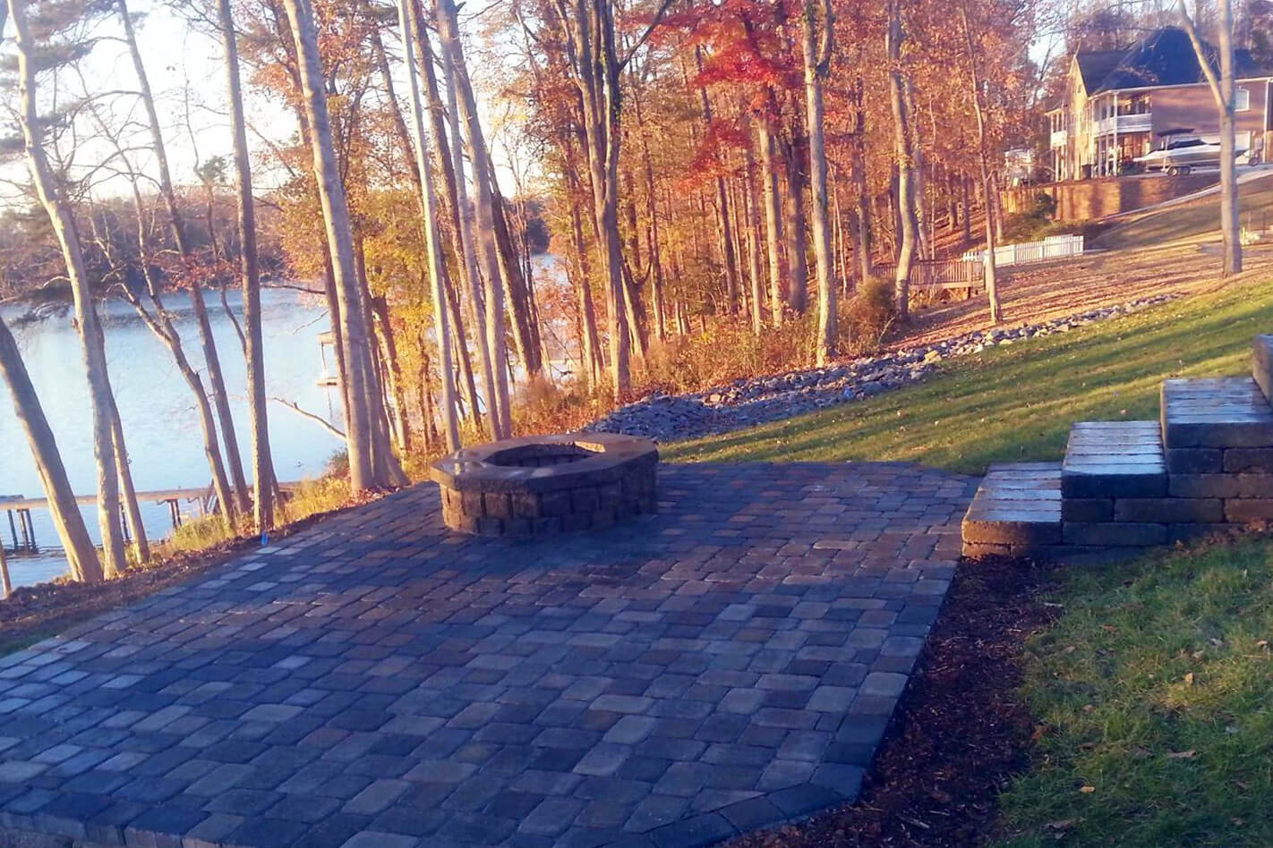 lakeside hardscape and fire pit