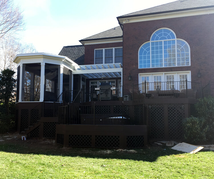 Multiple Outdoor Living Space Screened Porch Pergola Hot Tub Deck Firethorne Waxhaw NC