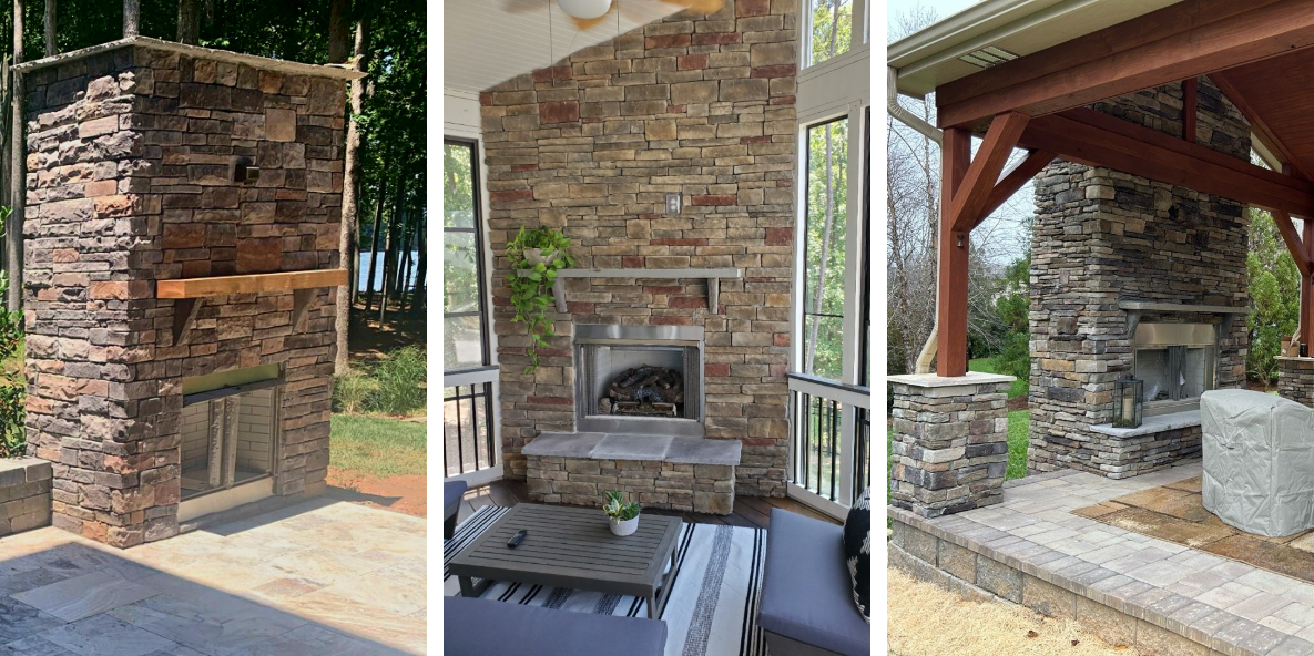 3 custom outdoor fireplace designs by fireplace builder, Archadeck of Chicagoland.