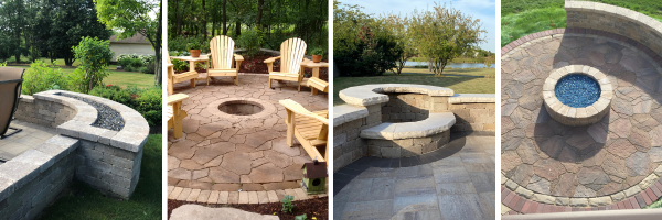 4 images of custom fire pits designed & built by fire pit contractor, Archadeck of Charlotte.