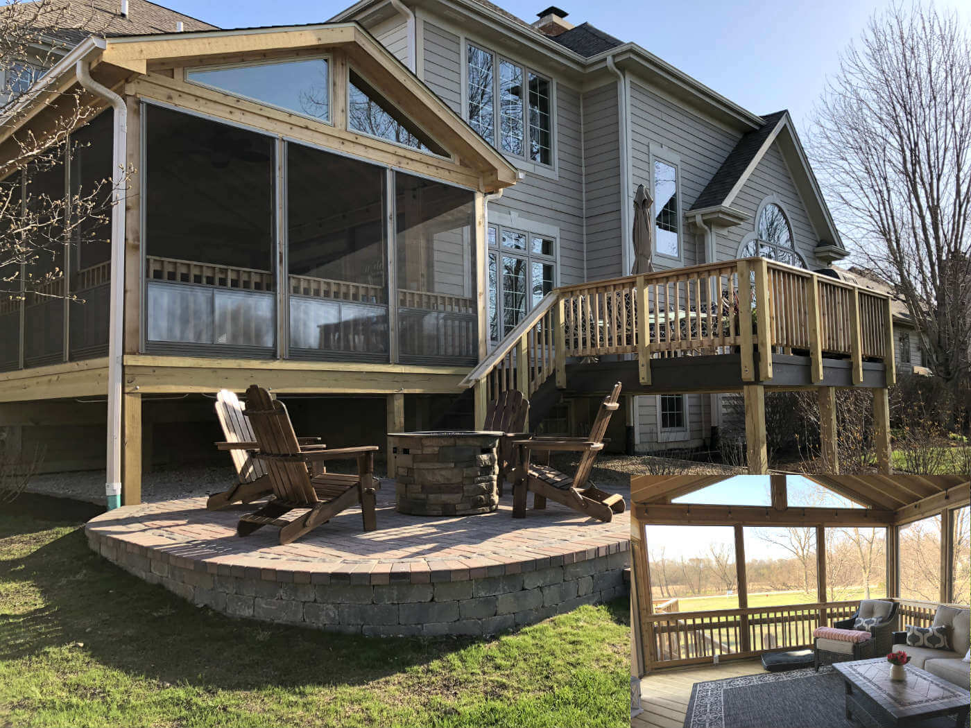 Custom screened porch with deck and patio
