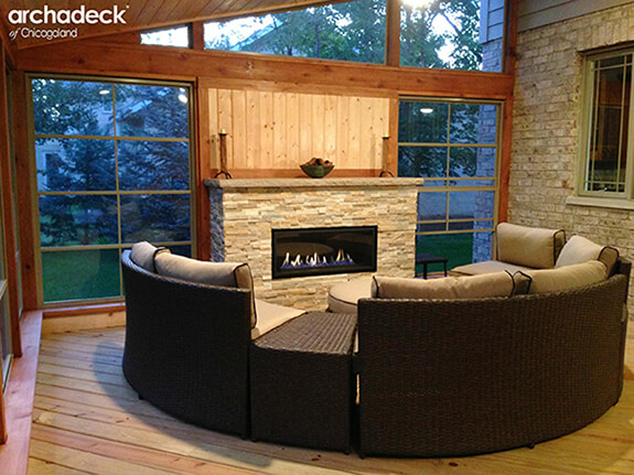Custom sunroom with fire place