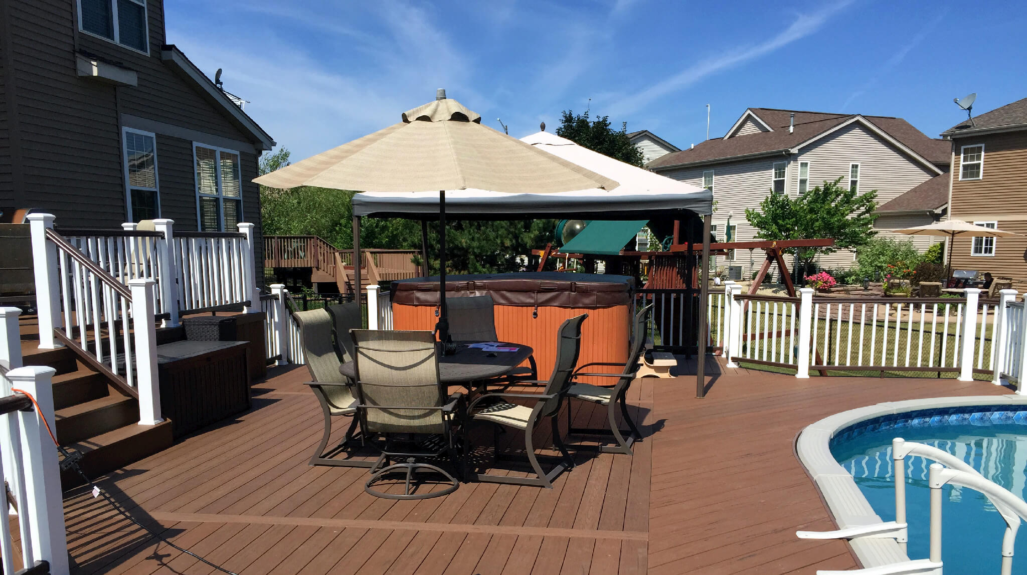 Custom deck with pool and hot tub