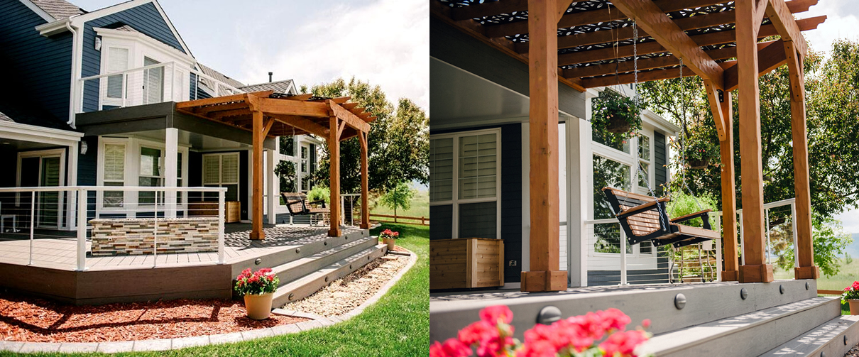 Composite deck with roofs and a pergola
