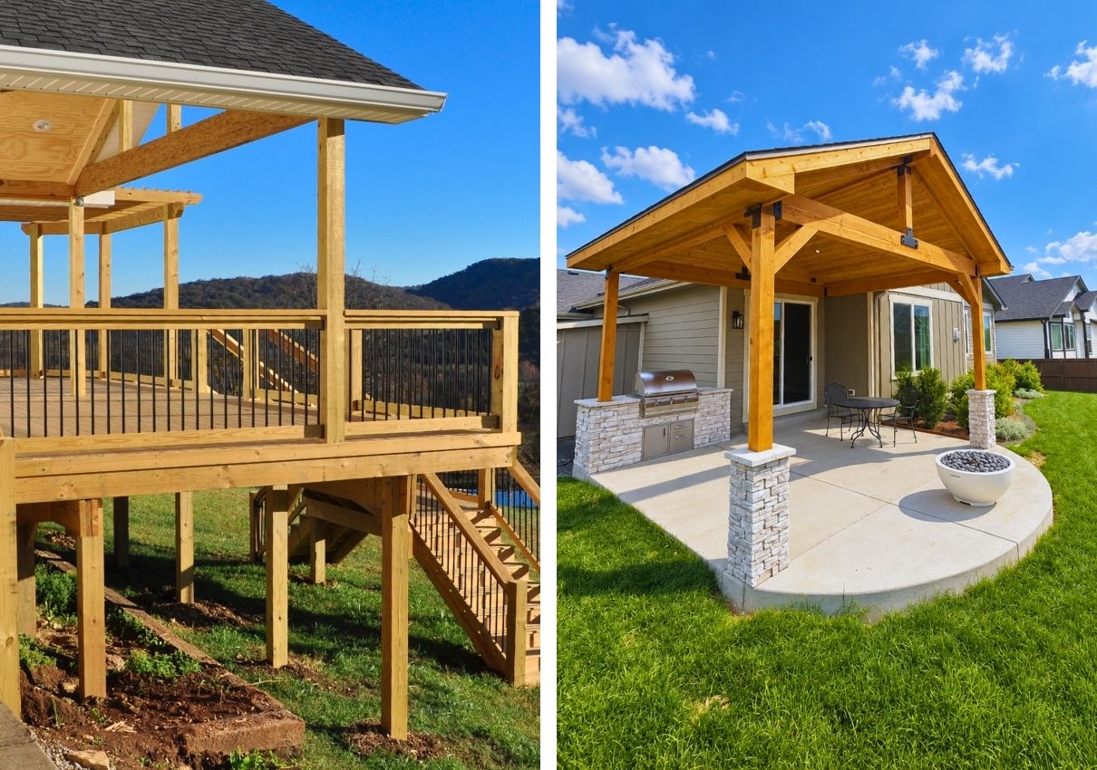 covered deck left; covered patio right