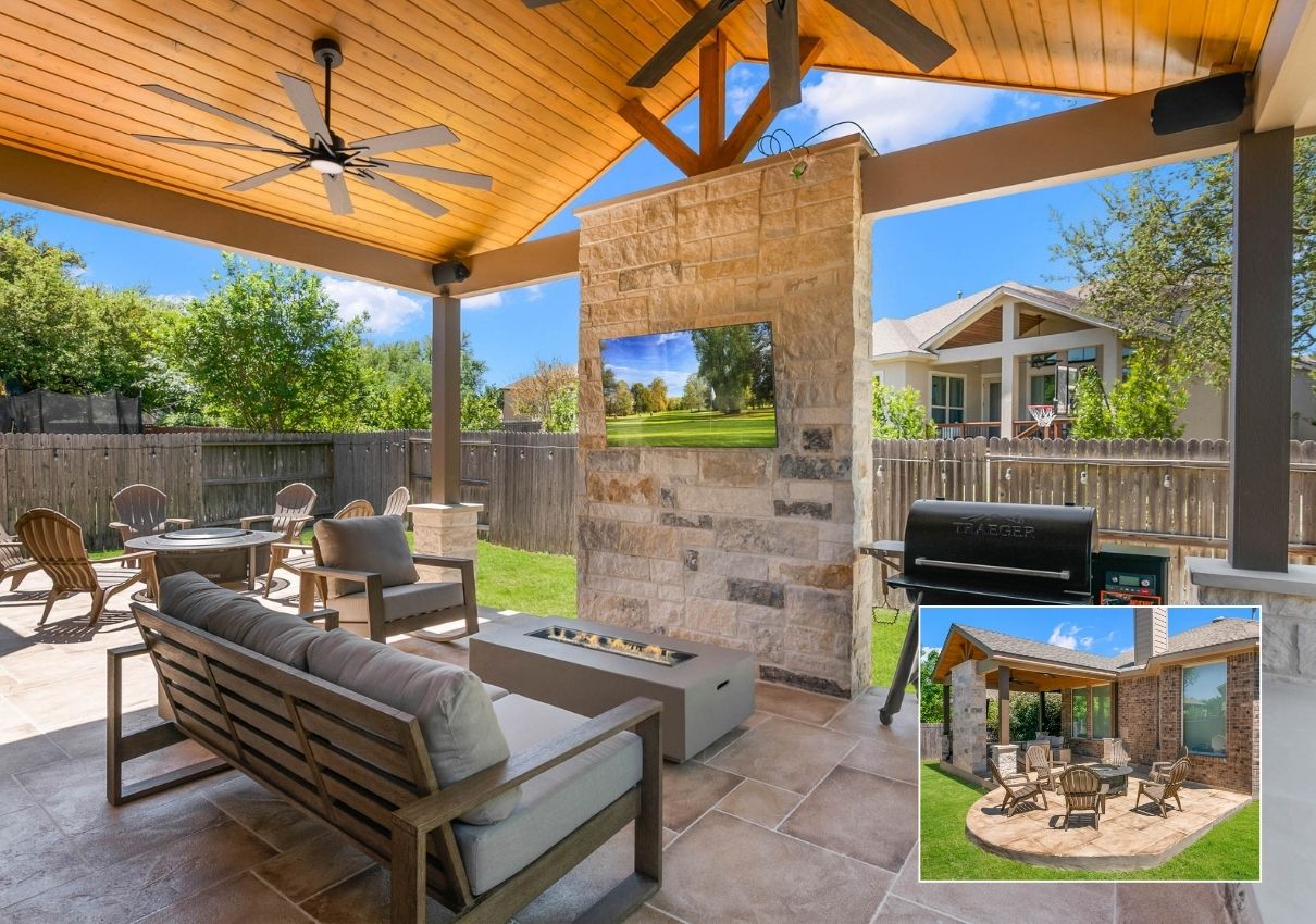 covered patio with open patio fire pit