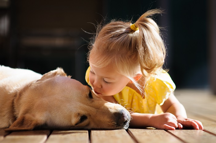 girl kissing dog on deck