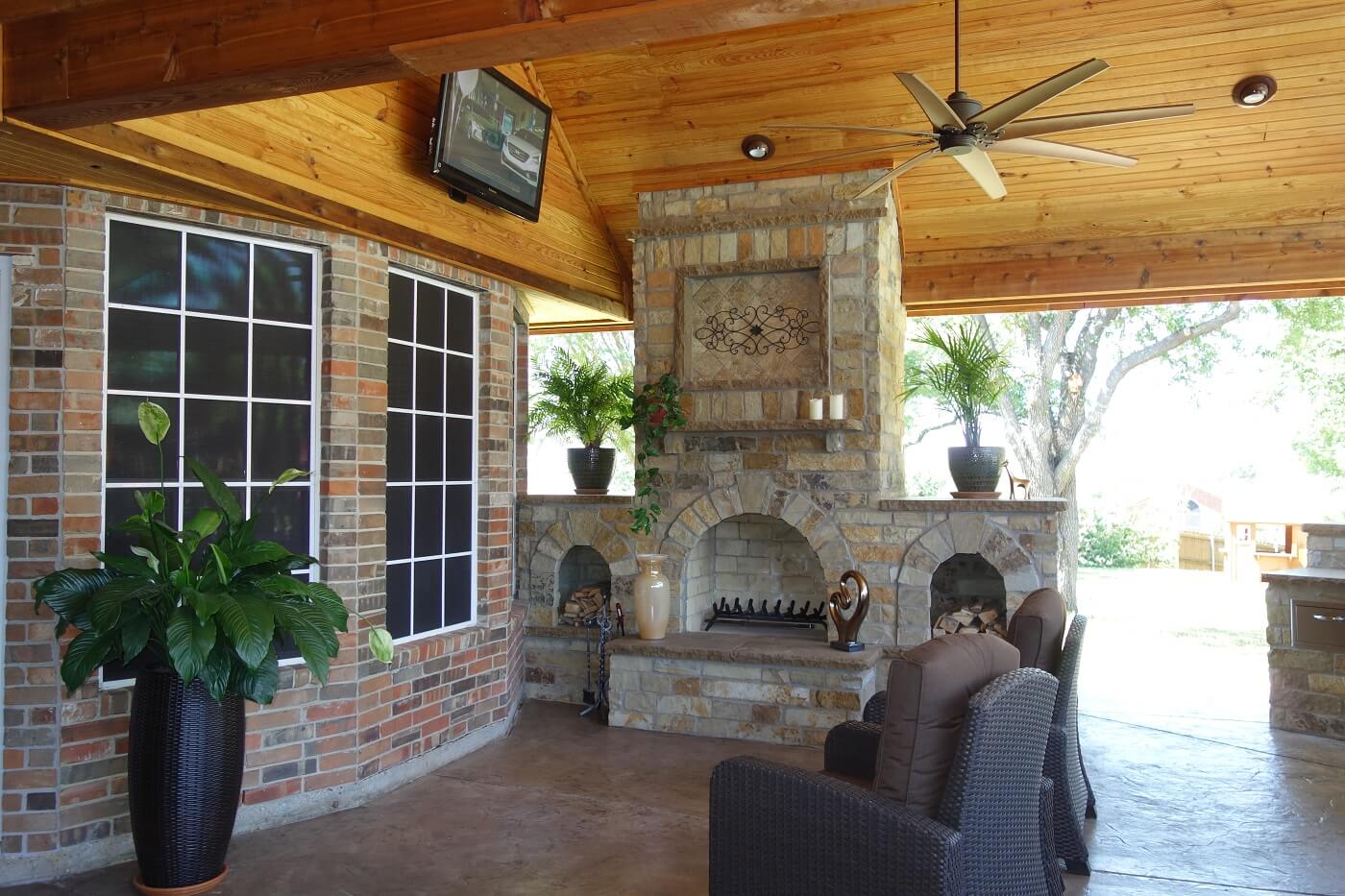 patio with outdoor fireplace