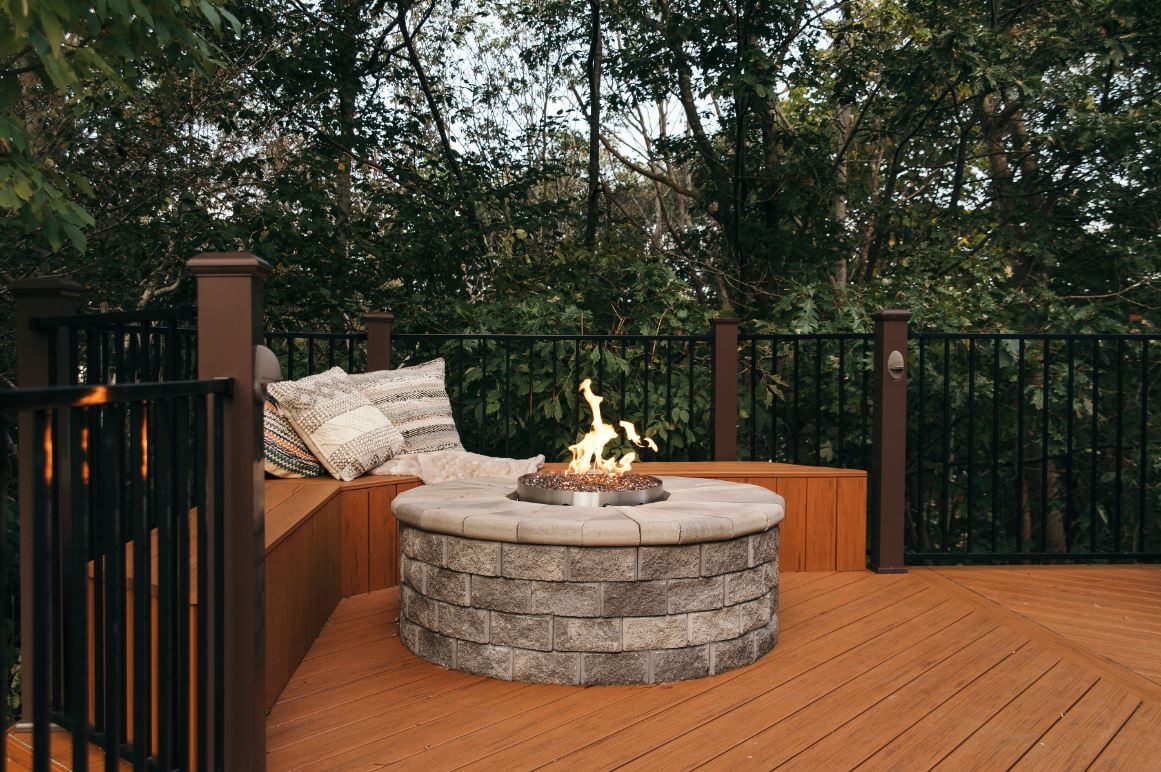 Fire Pit On Composite Deck Pit fire deck composite built stone archadeck level seating bench safely riser lights guide